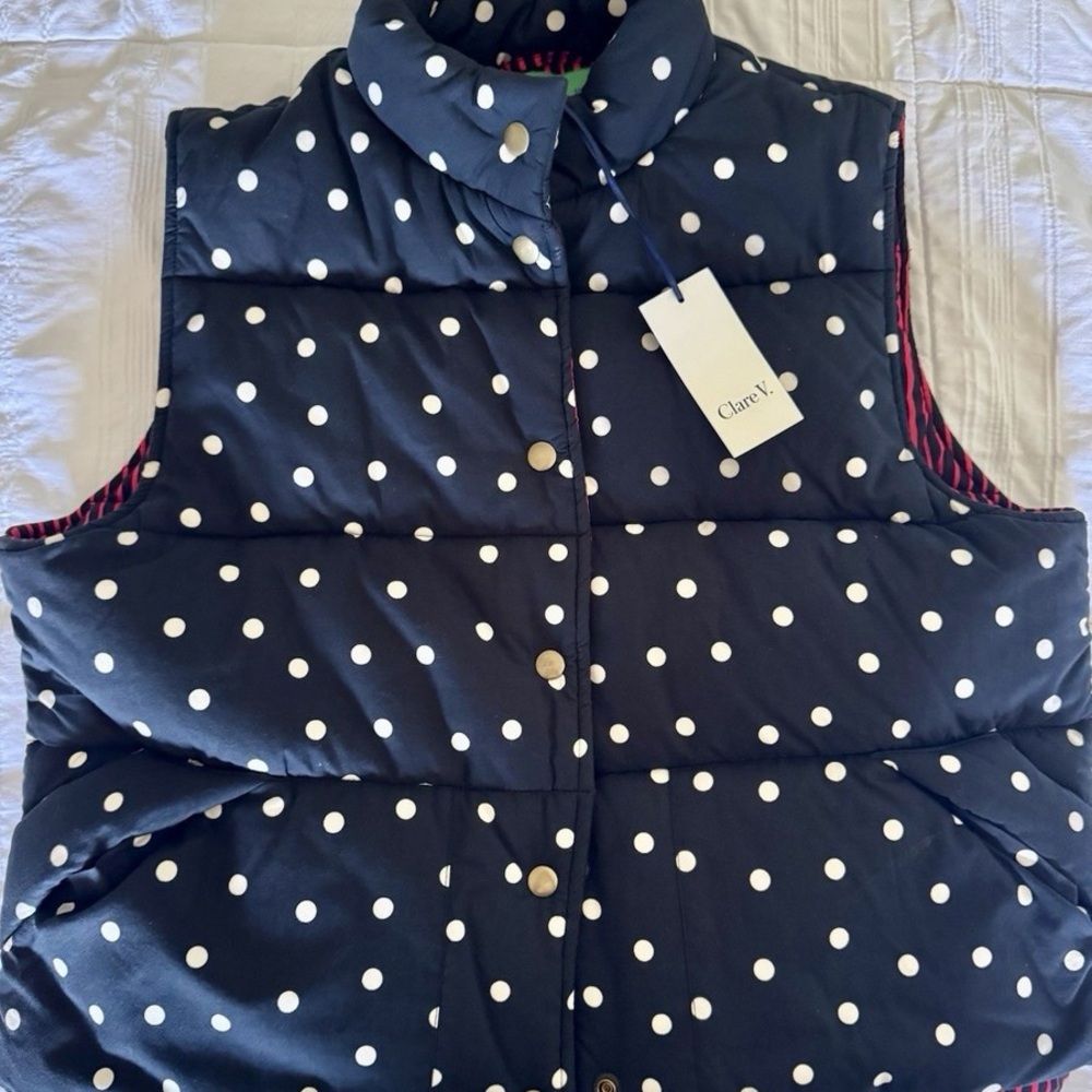 Clare V Navy and White Polka Dot Puffer Vest